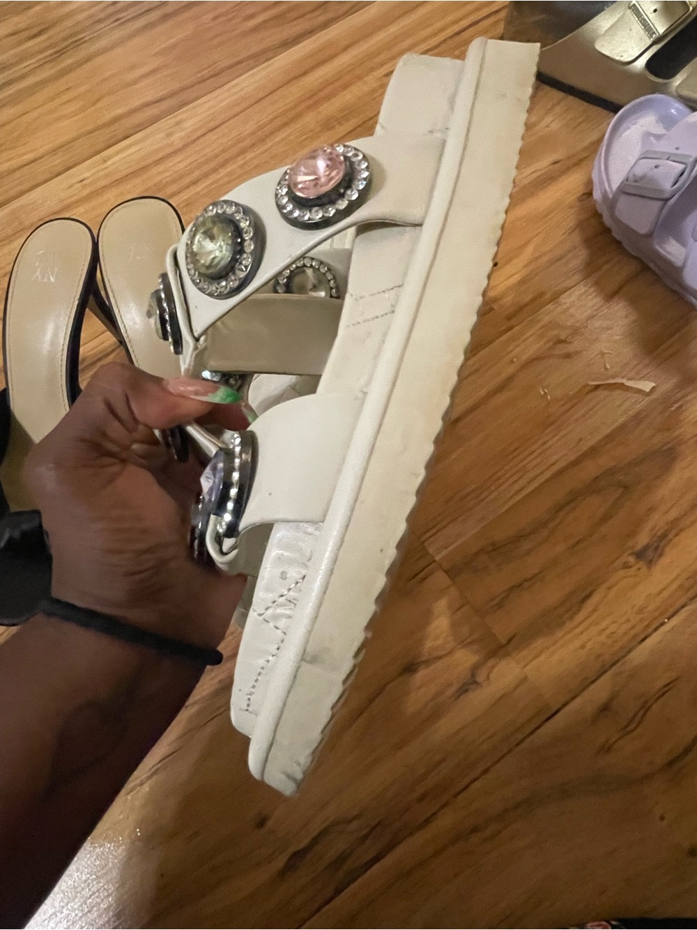 Kurt Geiger Cream Jeweled Slide Sandals - Picture 2 of 5
